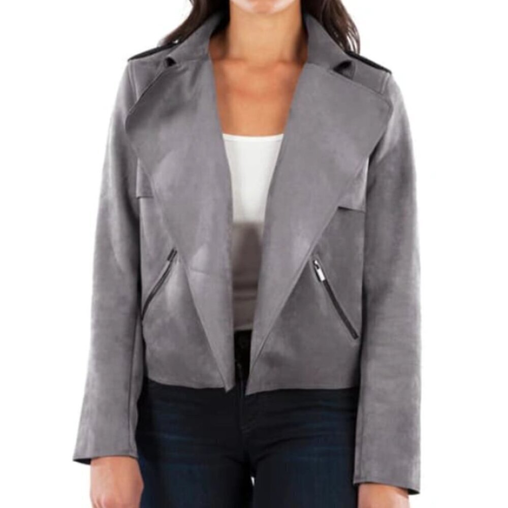 Kut from the Kloth Jacee Draped Gray Moto Bomber Jacket XL Faux Suede Streetwear